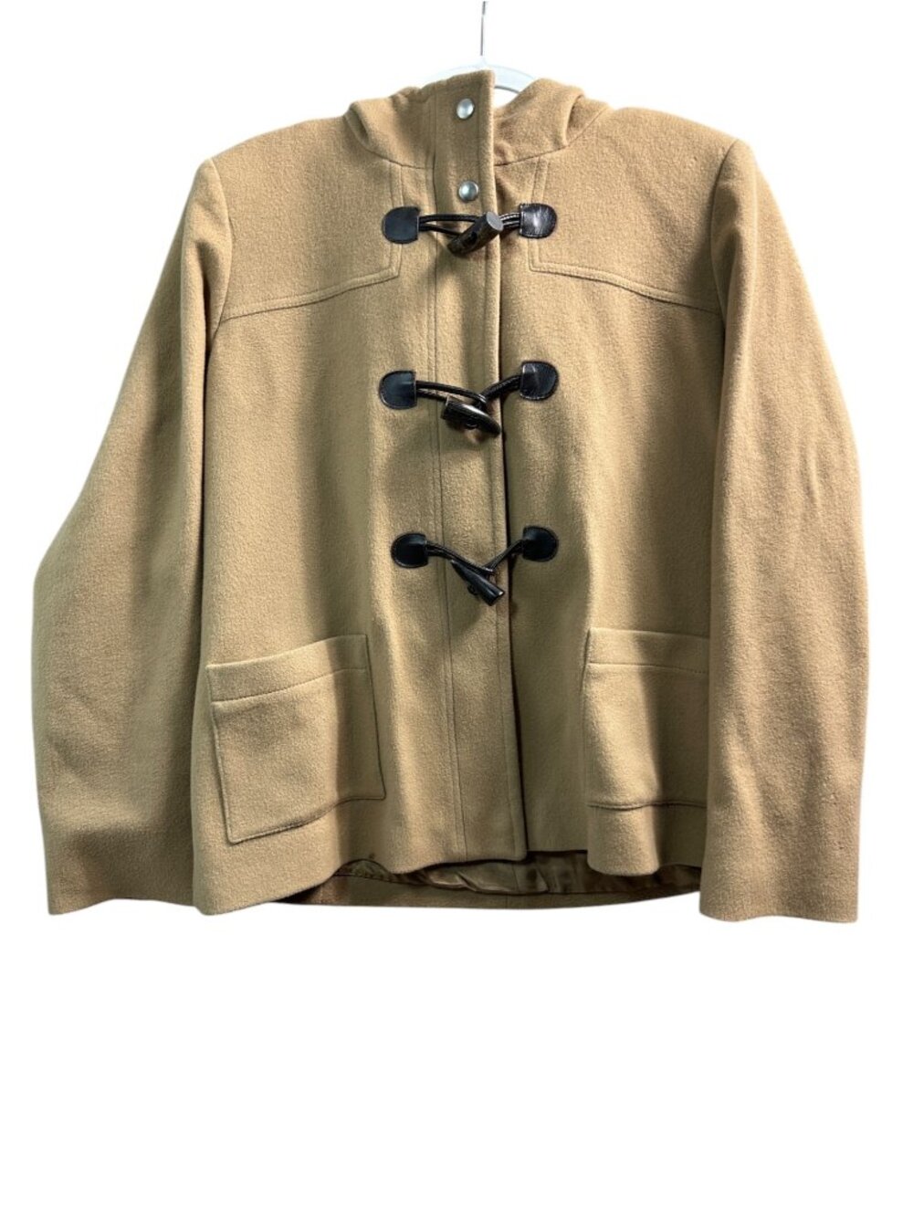 Saks Fifth Avenue Camel Wool Hooded Pea Coat 14 Toggle Zip Loro Piana Fabric
